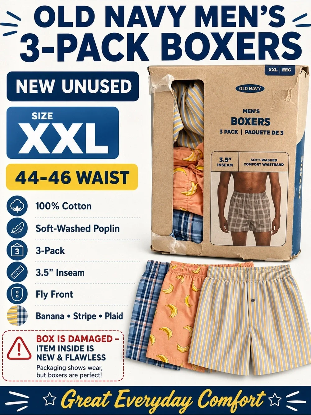 Old Navy Men's 3 Pack Cotton Poplin Boxer Shorts XXL 44-46 Banana Plaid Stripe